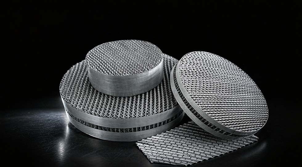 Close-up of corrugated wire mesh gauze showing woven metal filaments and 45-degree Y-type corrugation channels